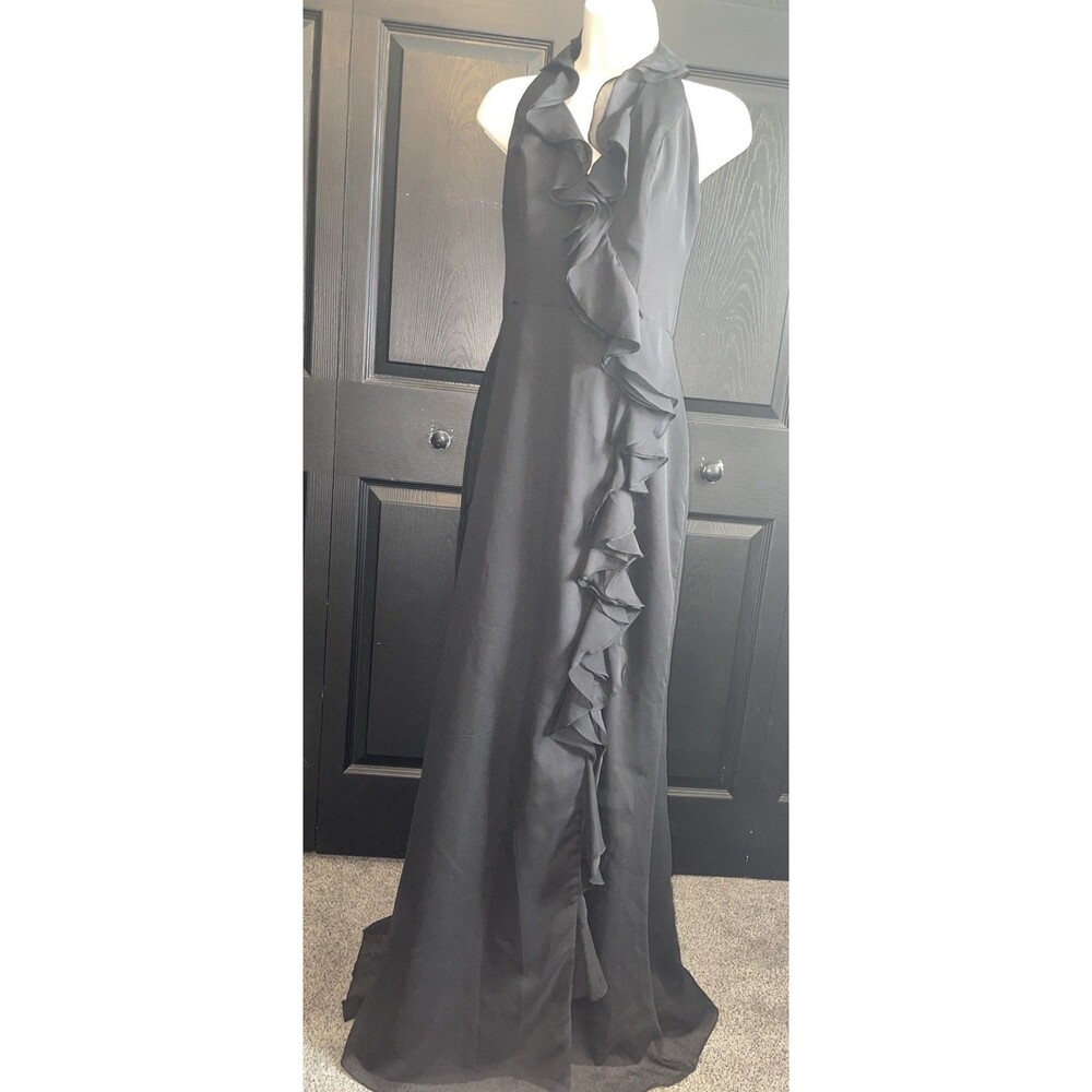 Jim Hjelm Occasions 12 Black Halter Ruffle Chiffon Maxi Evening Gown Formal NWT